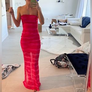 Monotone pink strapless dress with mesh detail